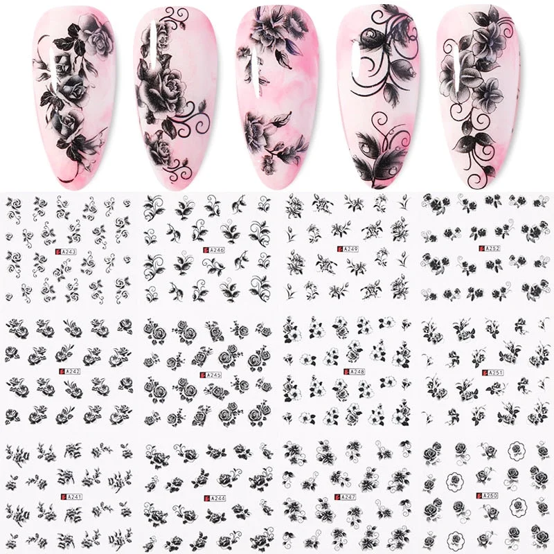 12Designs Simple Green Leaves Flower Nail Water Decals Harunouta Geometric Lines Watermarks Stickers Decoration Manicures