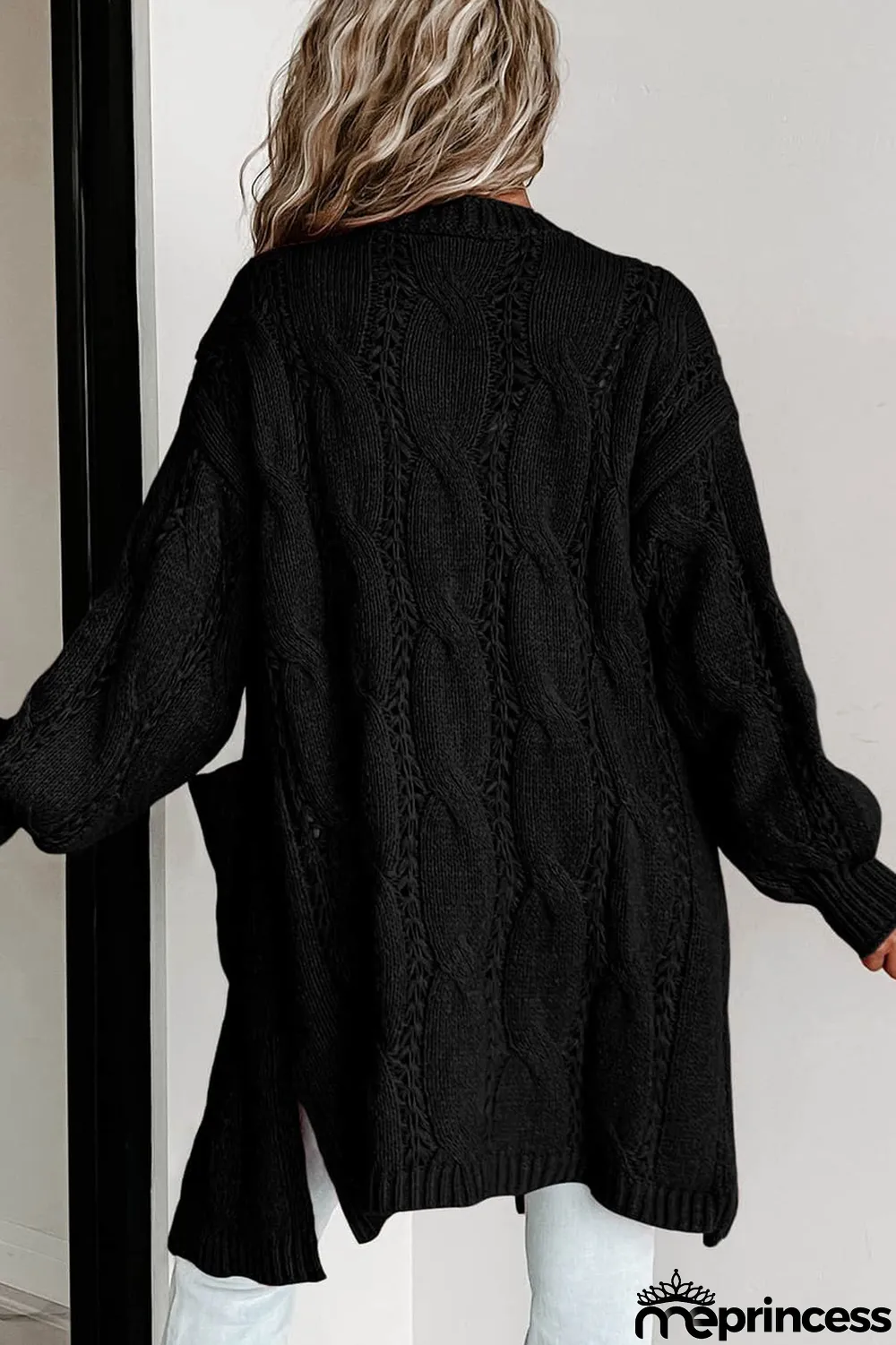 Black Ribbed Trim Eyelet Cable Knit Cardigan