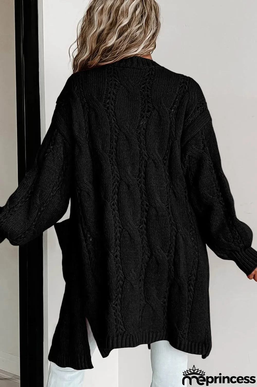 Black Ribbed Trim Eyelet Cable Knit Cardigan