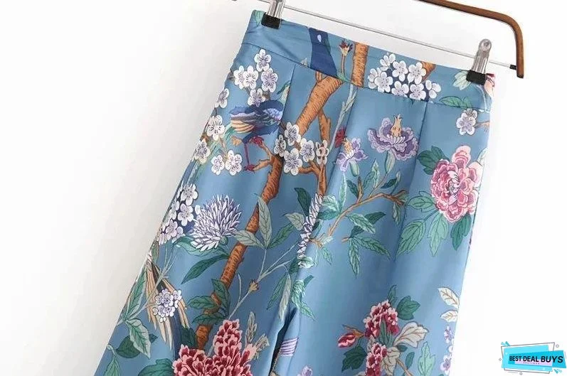 Autumn Bird Flower Print High Waist Side Zipper Loose Wide Leg Pants