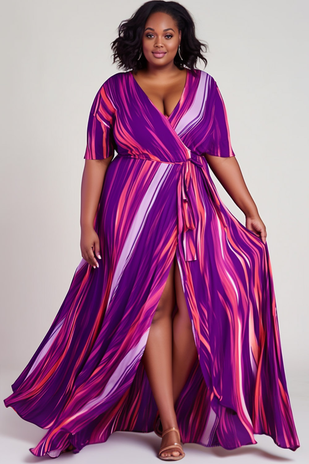 Design Plus Size Vacation Purple Marble Wrap Neck Short Sleeve Wrap Split Knitted Maxi Dresses [Pre-Order]