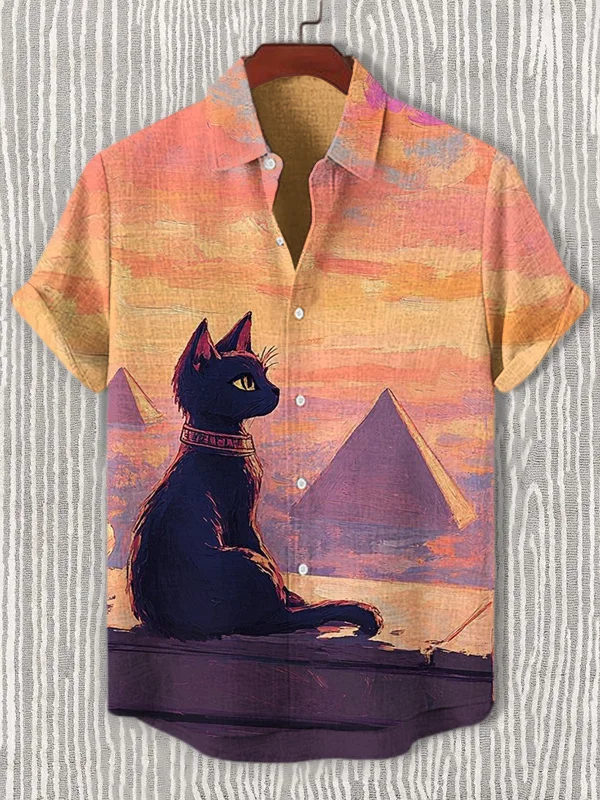 Men's Ancient Egypt Sunset Mystical Black Cat With Pyramids Print Casual Shirt