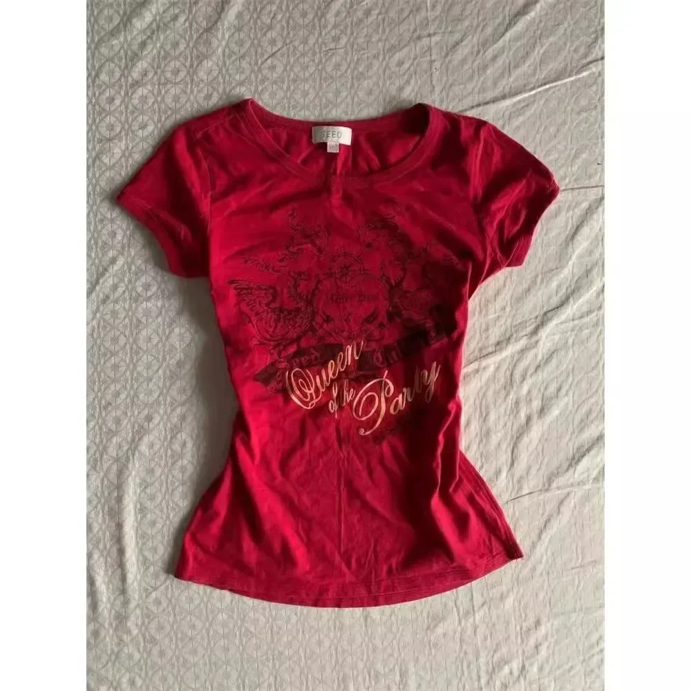 Aonga Summer New American Retro Short Sleeve Red T-shirt Women's Slimming Vintage Chic Fashion Top Casual Simple Elegant Ladies Tees aonga