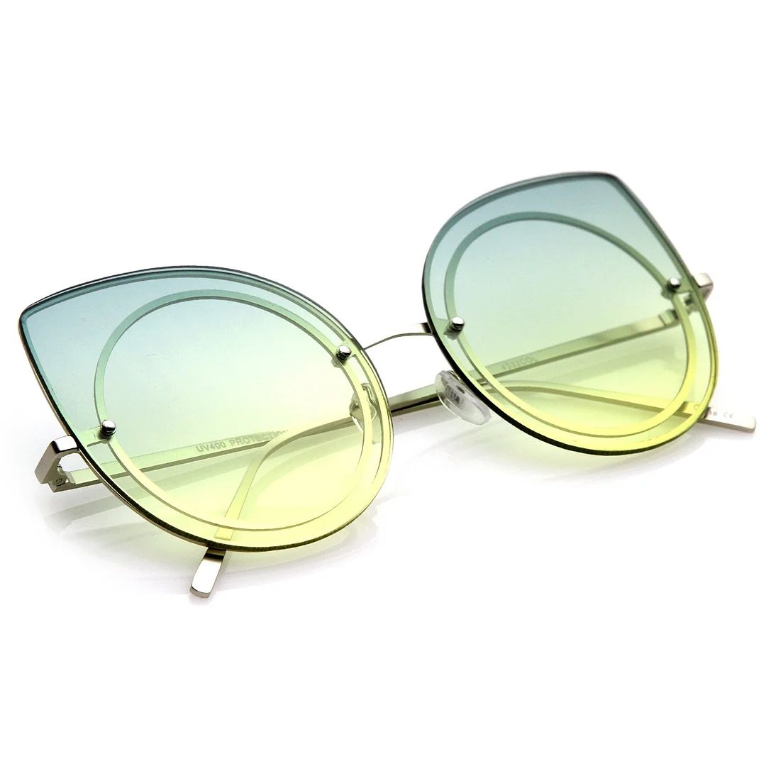 Women's Oversize Rimless Colored Gradient Flat Lens Cat Eye glasses 63mm