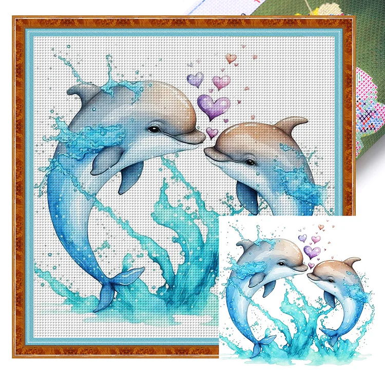 Couple Dolphins 18CT (30*30CM) Stamped Cross Stitch gbfke