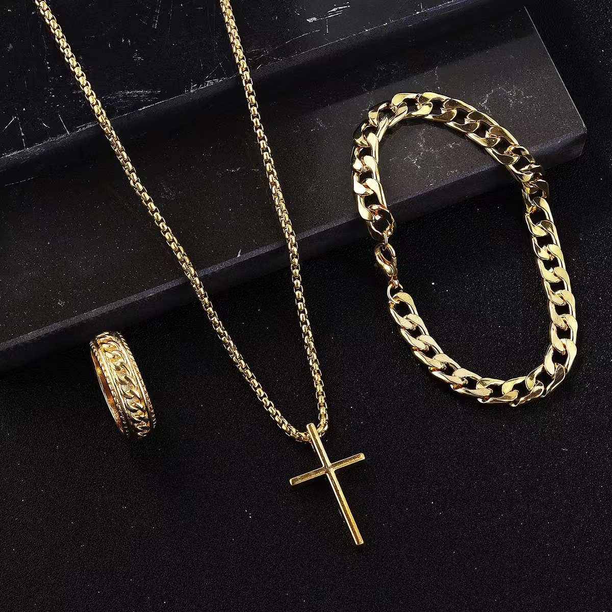 Hip Hop Cuban Chain Cross Necklace Bracelet Ring 3-Piece Set