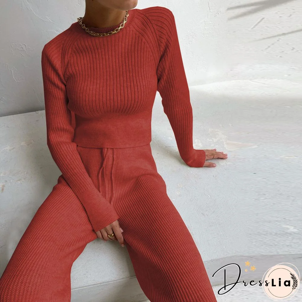 Knit Pullover Sweater Suit 2 Pieces Set Solid Women Tracksuit O Neck Sweater Long Pant New Fashion Chic Casual Knitted Outwear