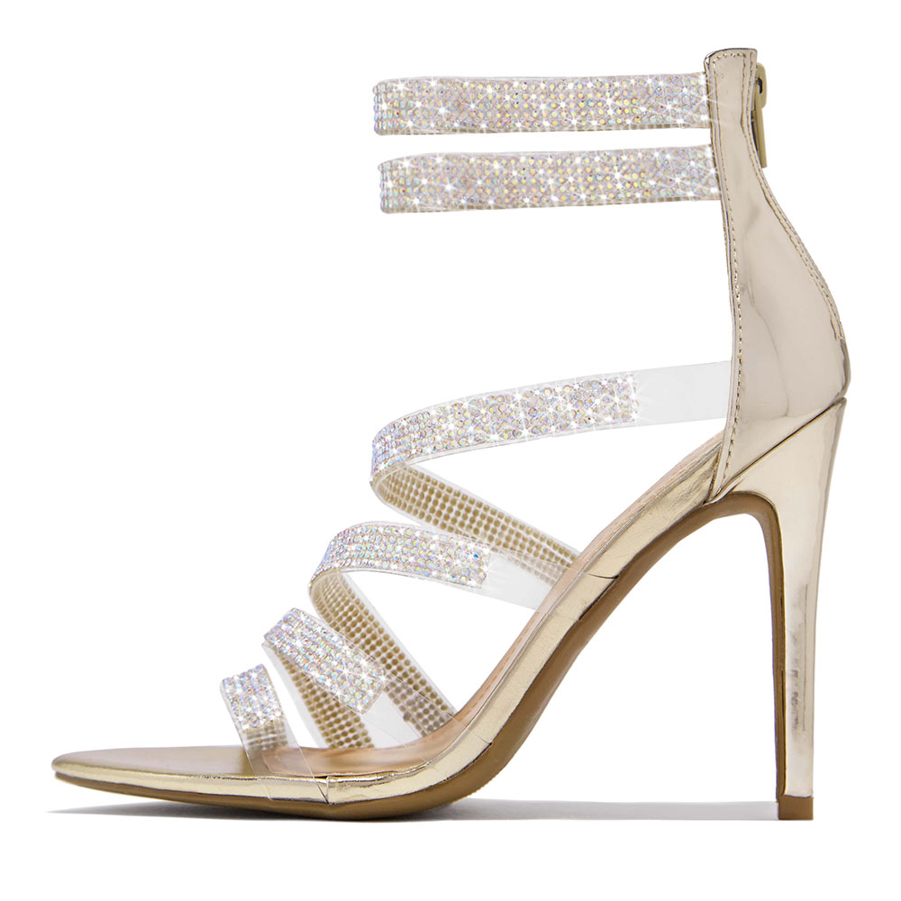 Gold Open Toe Clear Strappy High Heel Sandals with Rhinestones Nicepairs