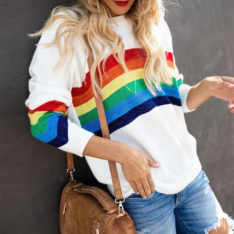 Women's Knitted Bottoming Shirt Rainbow Contrast Sweater