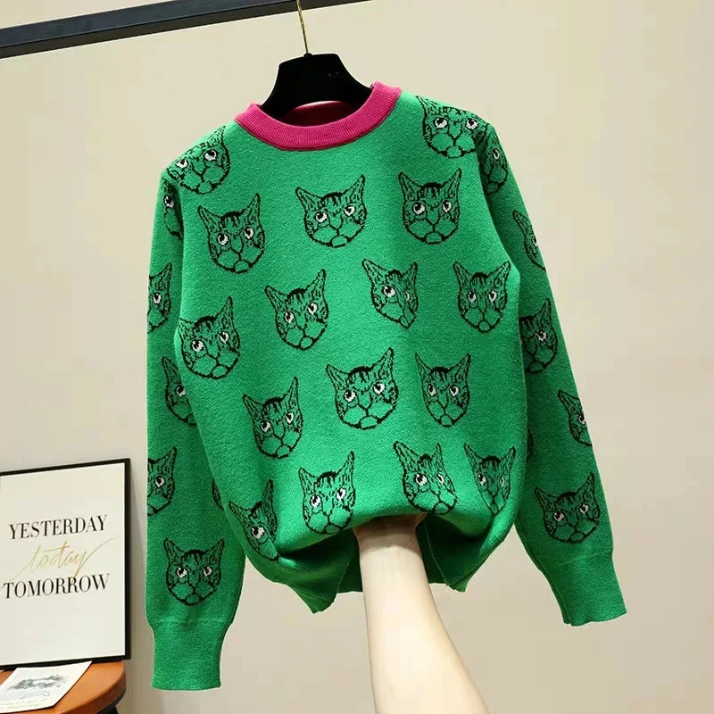 Huiketi Quality Runway Designer Cat Print Knitted Sweaters Pullovers Women Autumn Winter Long Sleeve Harajuku Sweet Jumper