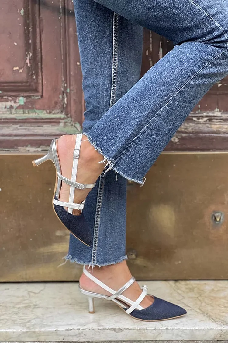 Colorblock Strap Buckle Pointed Toe Navy Kitten Heels [Pre Order]