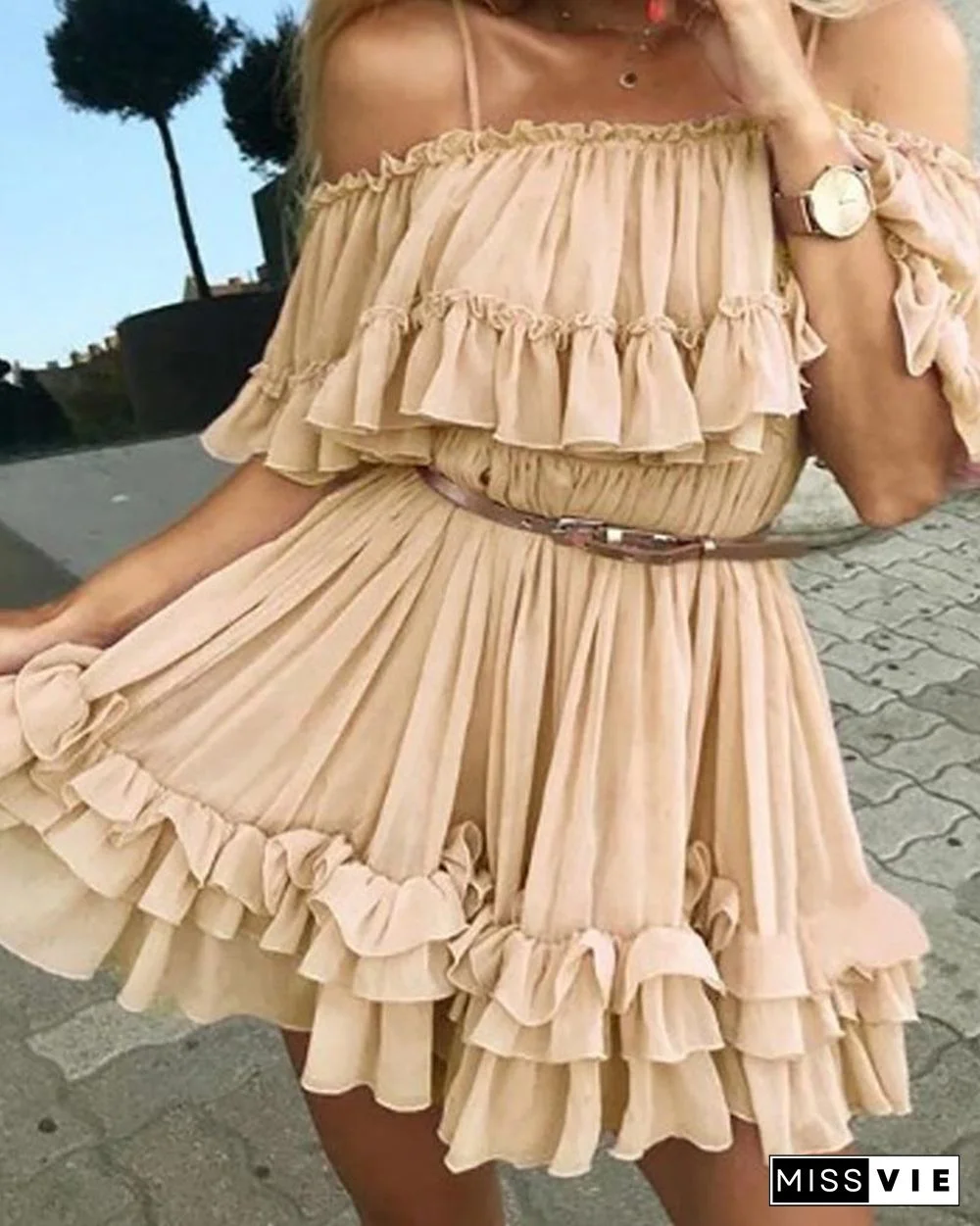 Cold Shoulder Frill Layered Ruffles Dress P10875