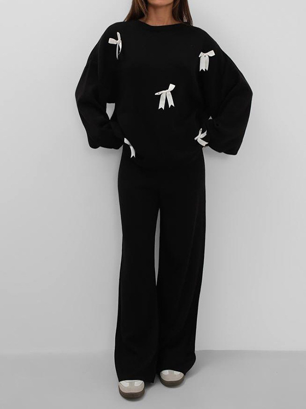 Bow Trim Blouses and Pants Two-Piece Set