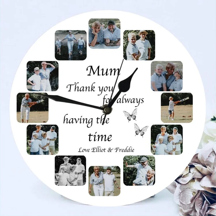 Personalized Photo Wall Clock Custom 12 Photos Round Wooden Clock for Family