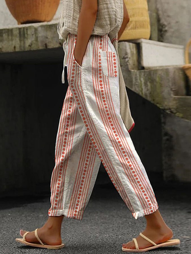 Comstylish Vintage Floral Striped Linen Loose Cozy Pants