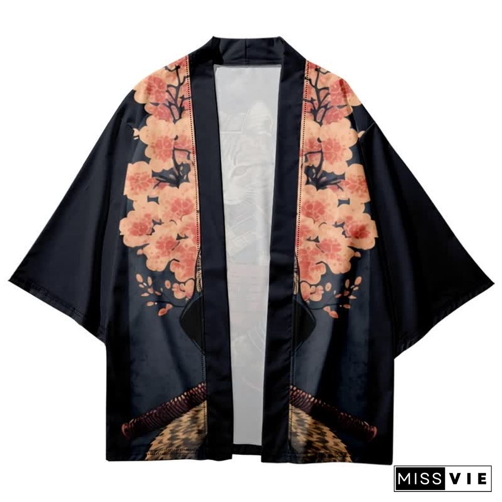 Vintage Cat Warriors Print Cardigan Kimono Outerwear
