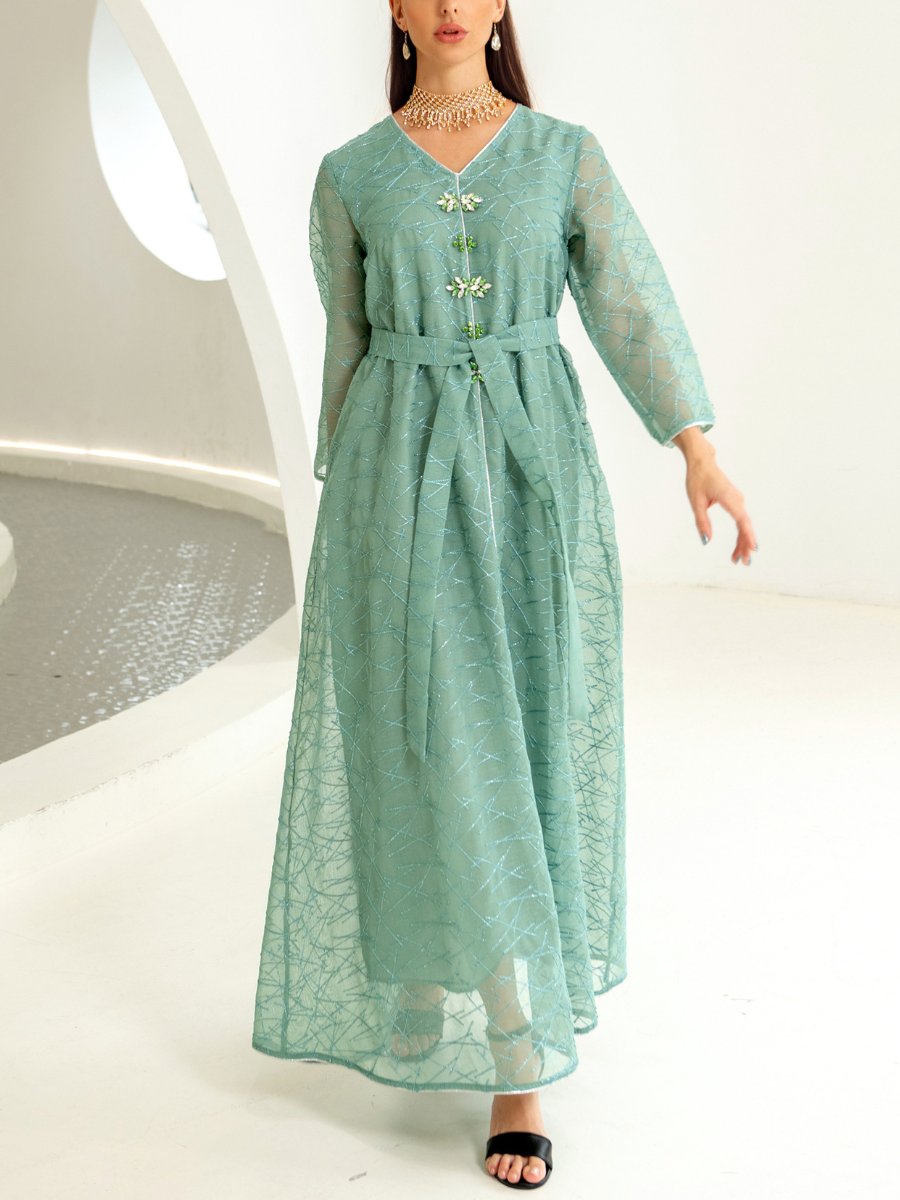 Perspective Mesh Sleeve Beaded Design V Neck Abaya | Oxredo Shop Ramadan Sale