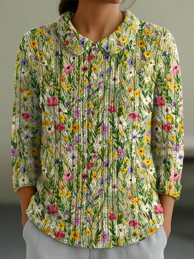 Women's Vintage Floral Art Print Casual Peter Pan Collar 3/4 Sleeve Sweater