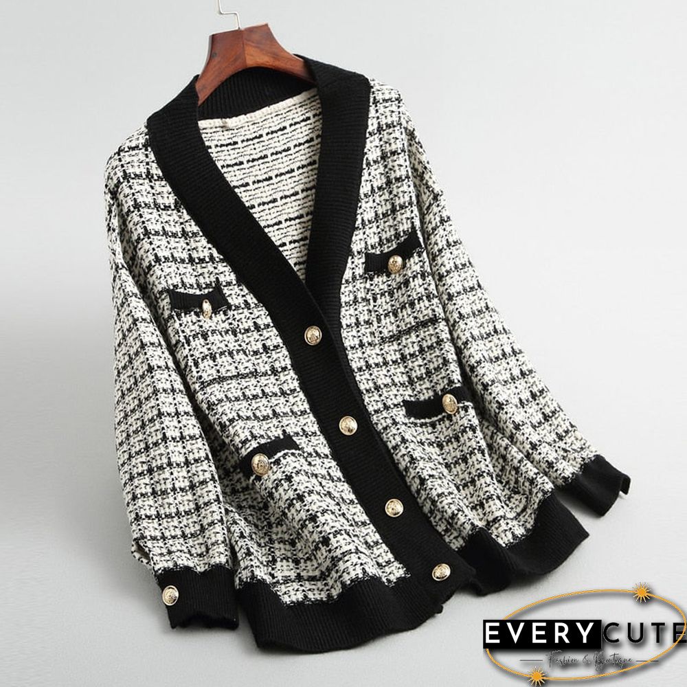 Spring Autumn Vintage Plaid Tweed Knitted Midi Skirt Womens Metal Button Elegant Office