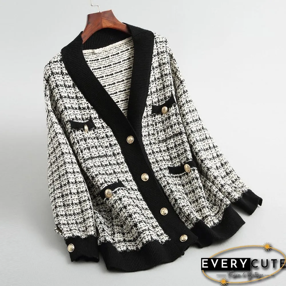 Spring Autumn Vintage Plaid Tweed Knitted Midi Skirt Womens Metal Button Elegant Office