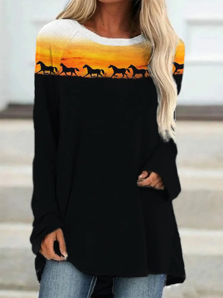 Western Horses Print Long Sleeve T Shirt