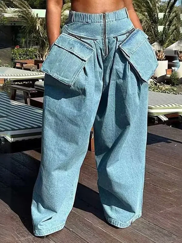 Zipper Split-Joint Pockets Pleated Wide Leg Loose Jean Pants Bottoms