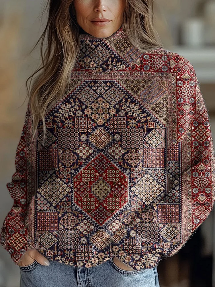 Vintage Symmetry Art Print Knit Turtleneck Pullover Sweater