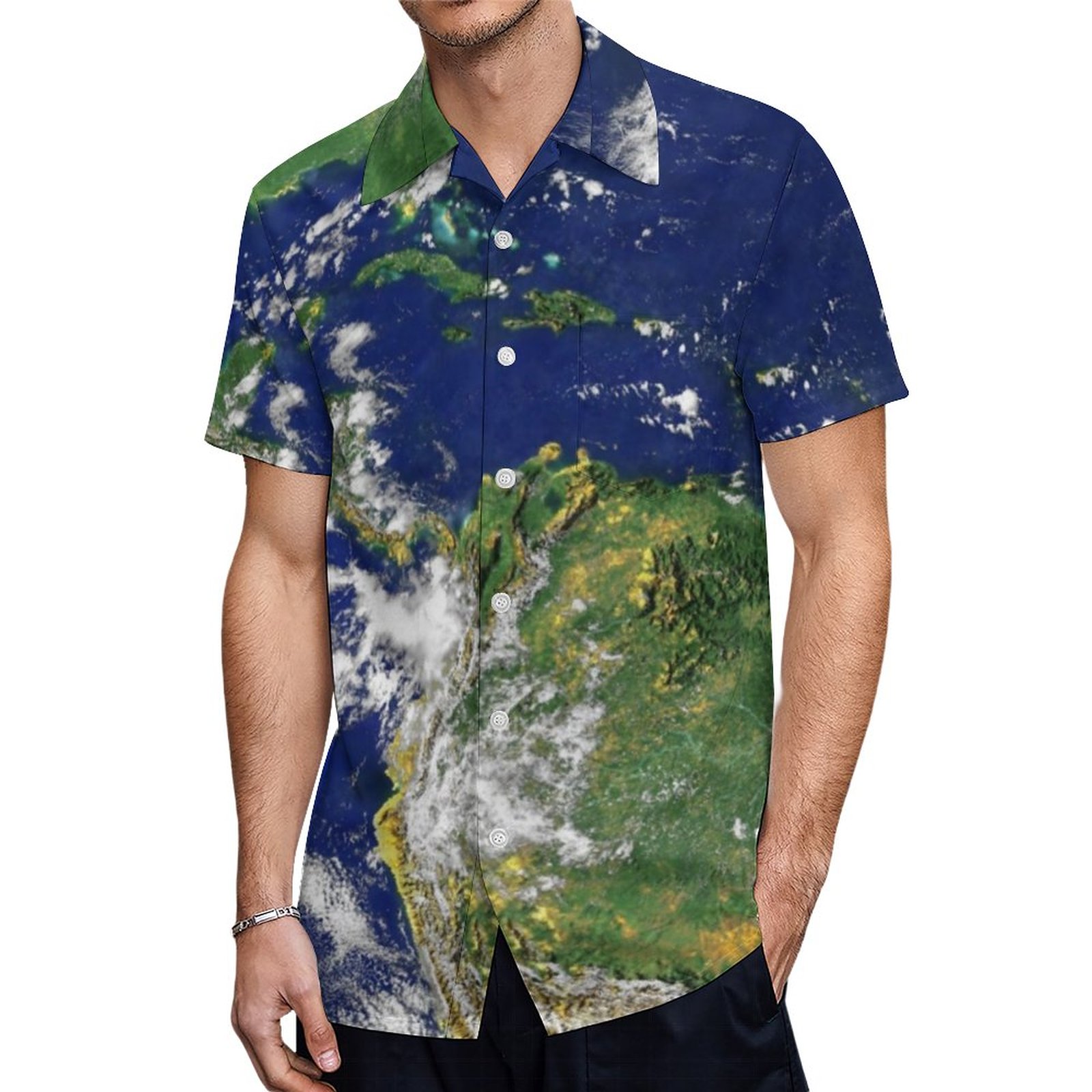 Planet Earth From Space America Hawaiian Shirt Mens Button Down Plus Size Tropical Hawaii Beach Shirts