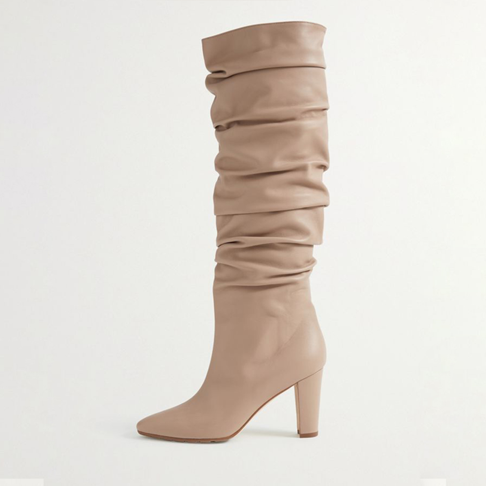 Beige Closed Toe Chunky Heel Knee High Winter Boots Nicepairs