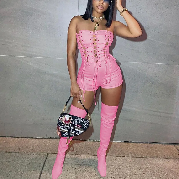 CM.YAYA Women Lace Up Strapless High Waist  Romper Playsuit 2022 Spring Summer Sexy Party Clubwear Bodycon One Piece Overalls