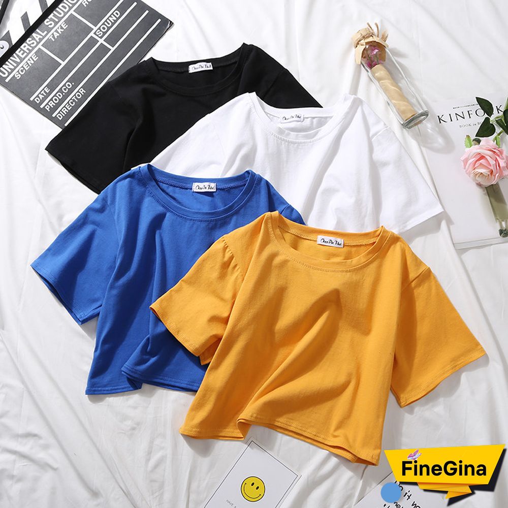 Summer Short Sleeve T Shirts Women Cotton Solid T-shirt O Neck High Waist Crop Top Tee Female Casual Loose T Shirt