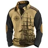 Men's Retro Nautical Sailing Compass Print Zipper Stand Collar Sweatshirt Christmas Holiday Tops Khaki Gray Black by Inlyline