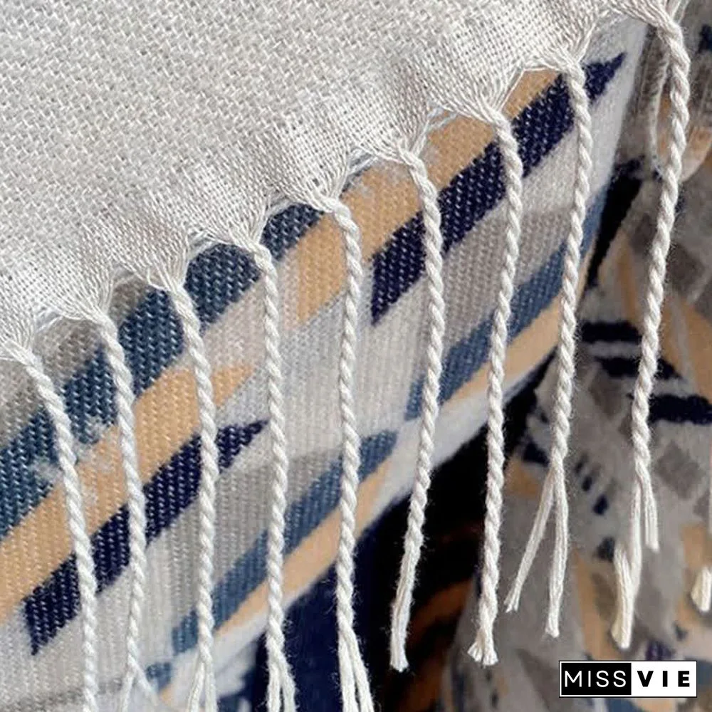 Boho Vintage Print Colorblock Shawl Wrap V-neck Lace Up Dress