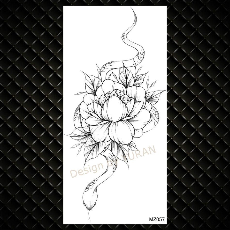 Snake Temporary Tattoos For Women Girls Big Rose Flower Tattoo Black Waterproof Fake Peony Colorful Tatoo Body Arm Chest Back