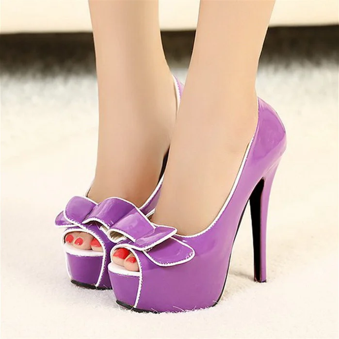 Purple Bow Peep Toe Platform Stiletto Heels Dress Pumps Vdcoo