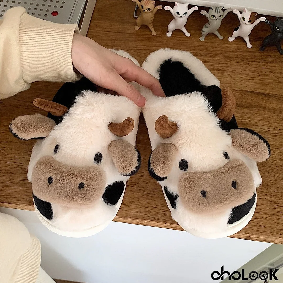 Thick Cotton Warm Home Slippers Women's Winter Anti-Skid Thick Bottom Plush Indoor Household Shoes Lovely Cow Animal Slipper