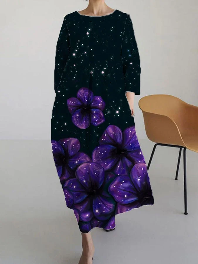 Women's Alzheimer's Disease Purple Flower Print Casual 3/4 Sleeve Dress