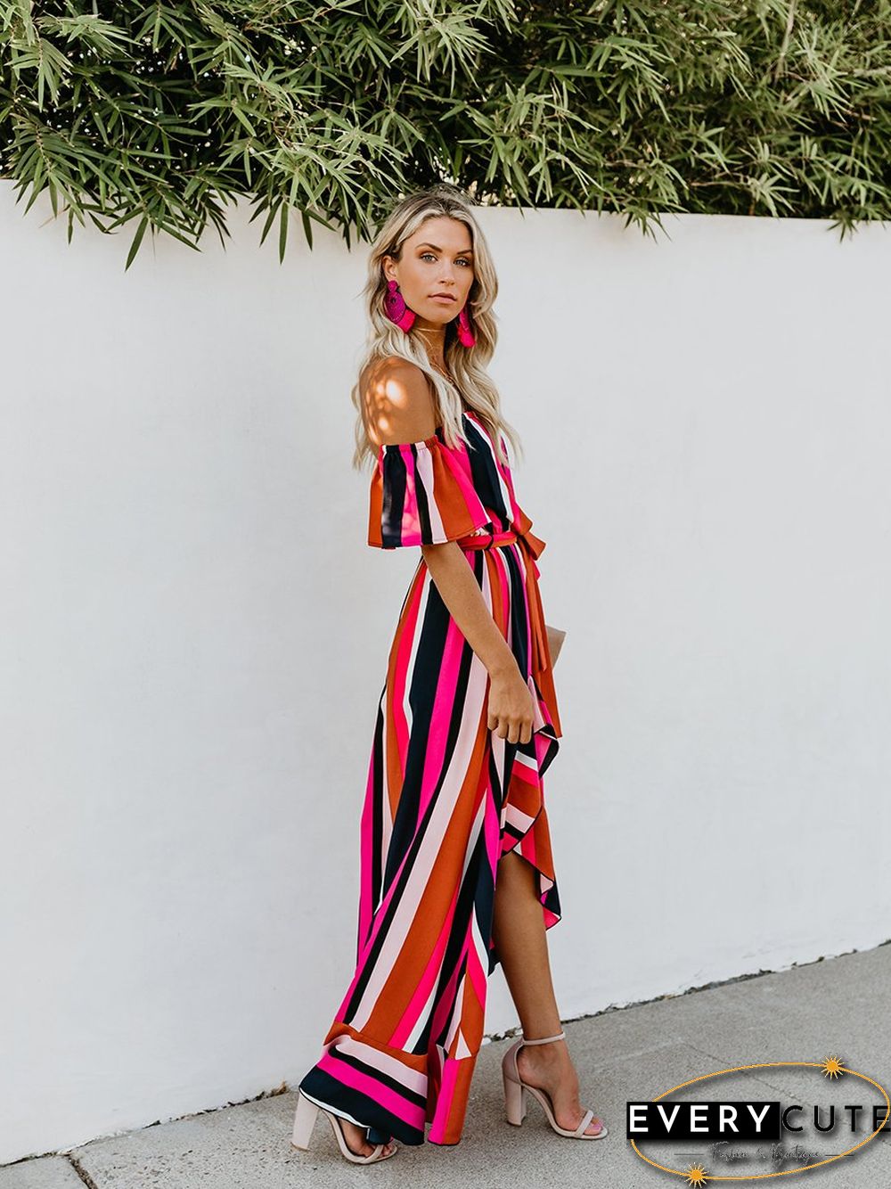Vacation Off Shoulder Striped Belt Maxi Dress