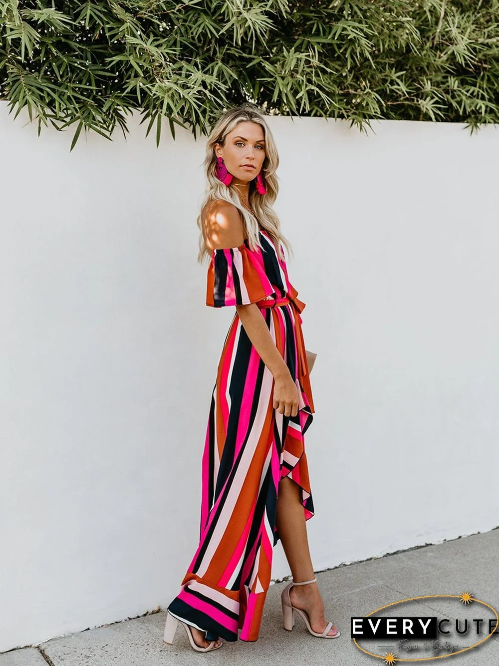 Vacation Off Shoulder Striped Belt Maxi Dress
