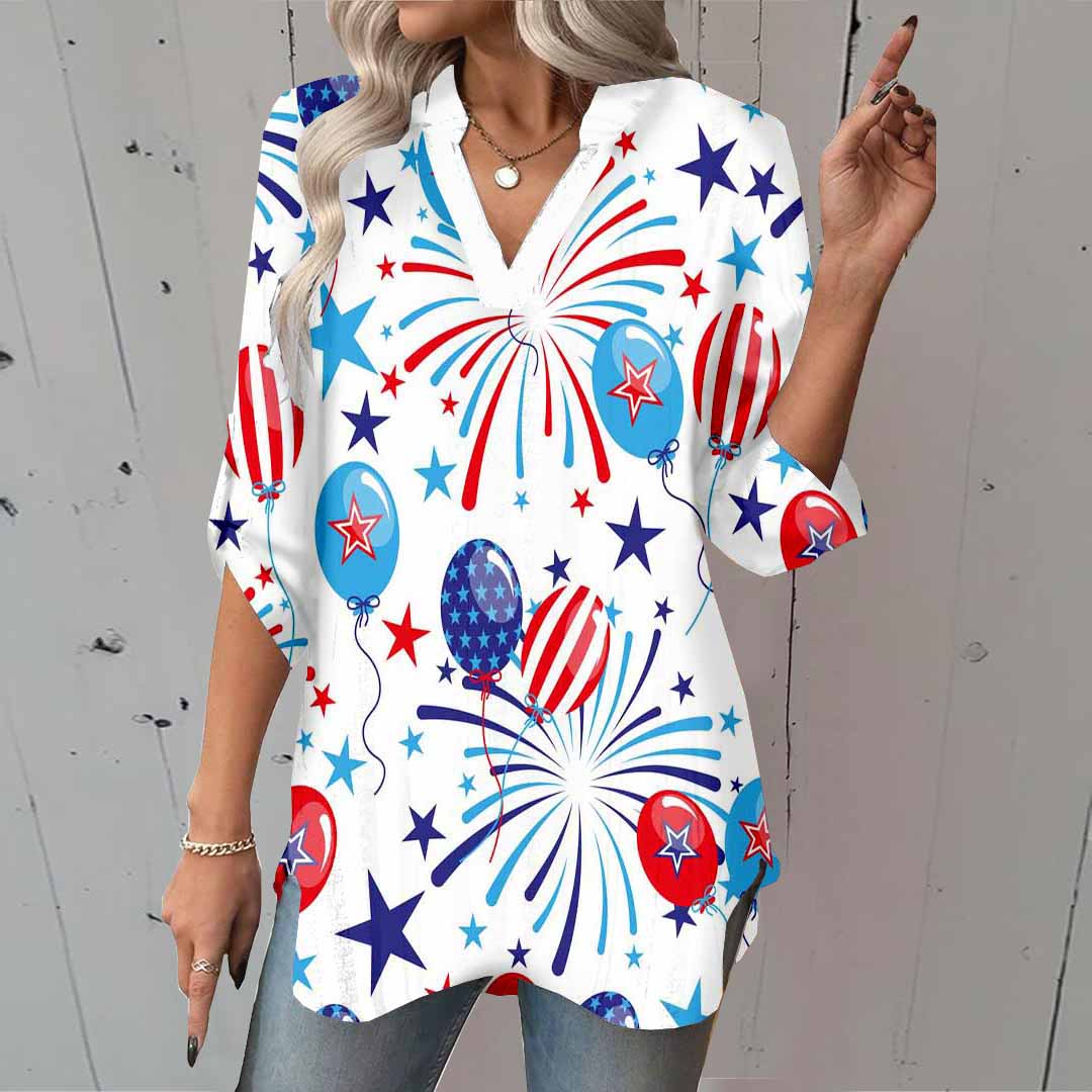 Women  Independence Day, Star, Striped, Blue, Red DZGA0223 3/4 Sleeve V-neck Printed Graphic Button Tops
