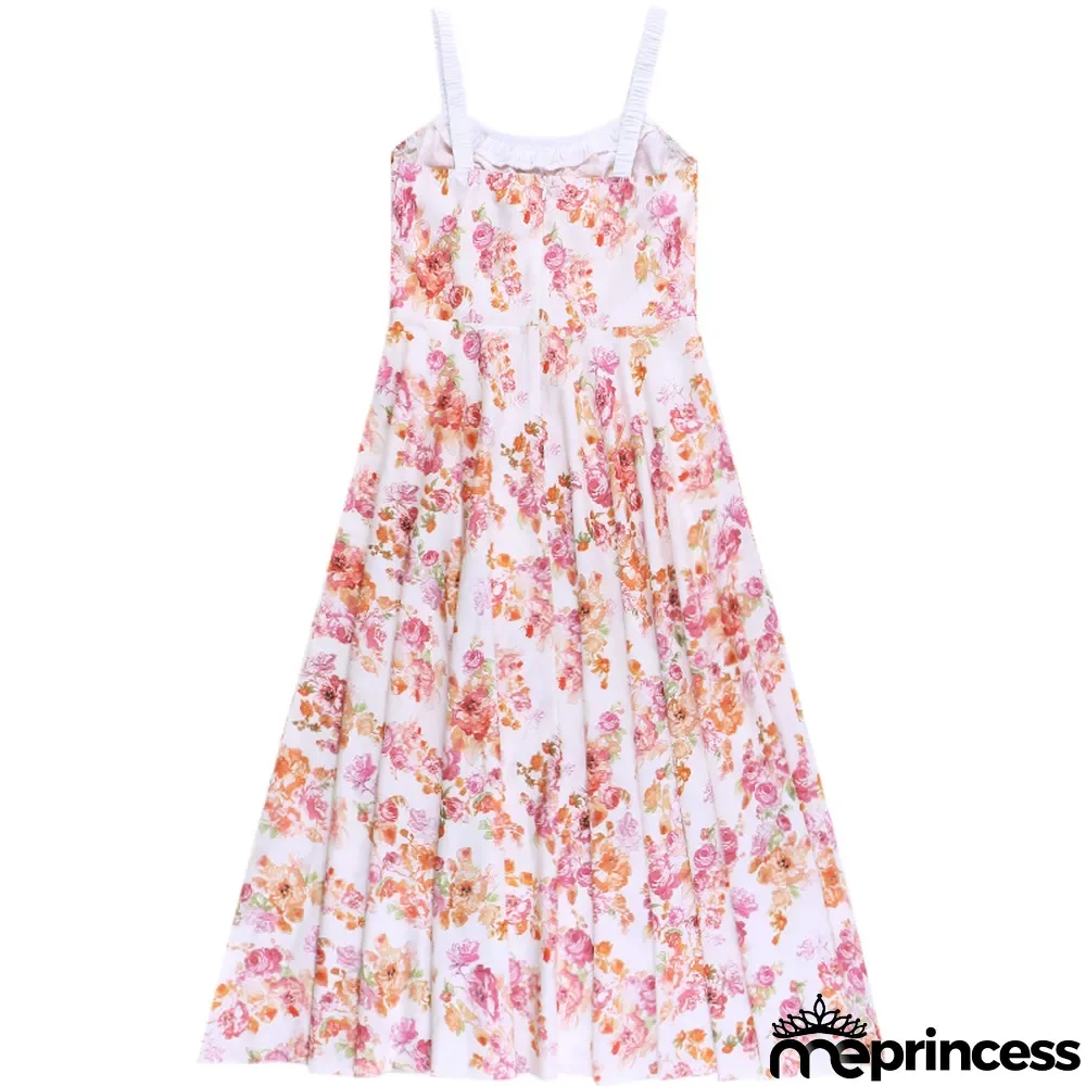Straps Sexy Slit Floral Dress Women Summer Chic Slim Waist Slim Fit Long Dress