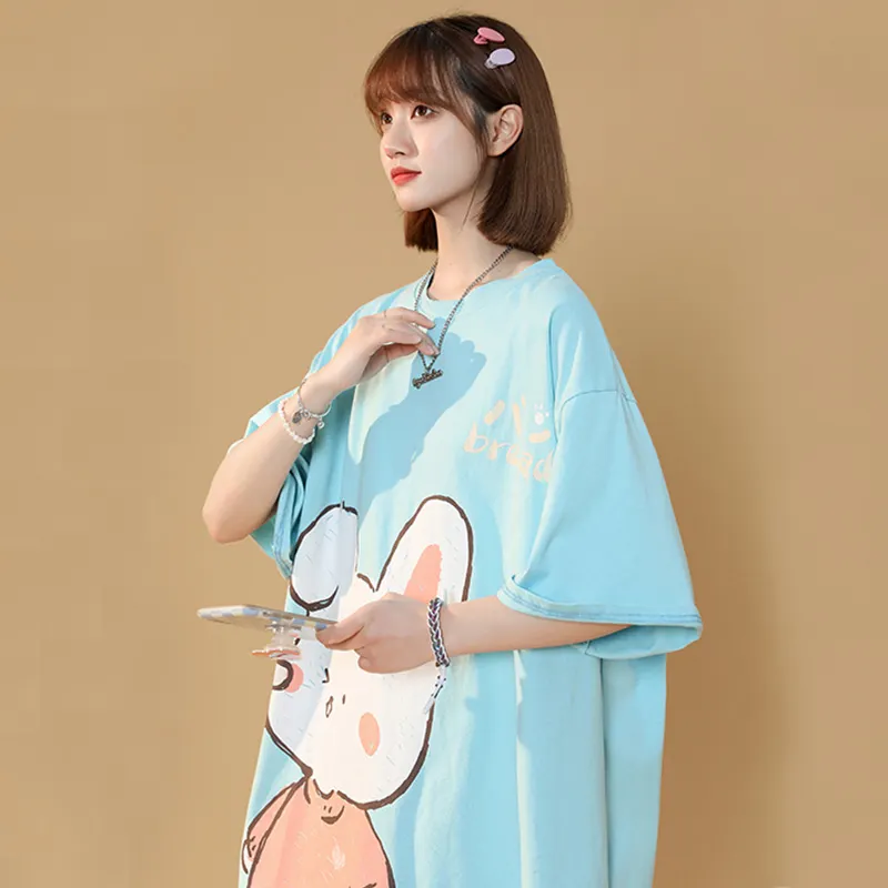 Cartoon Bunny Print Round Collar Casual T-Shirt