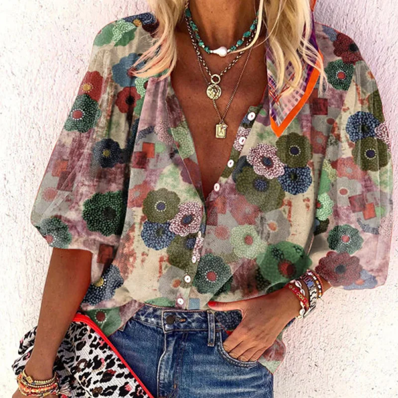 Casual Printed Button Blouse
