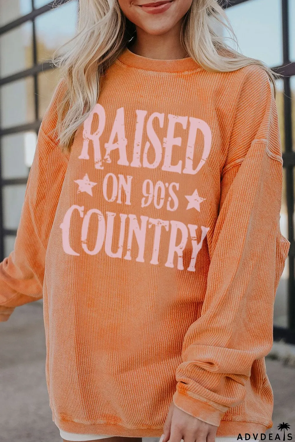 Orange Letter Print Ribbed Long Sleeve Oversized Sweatshirt