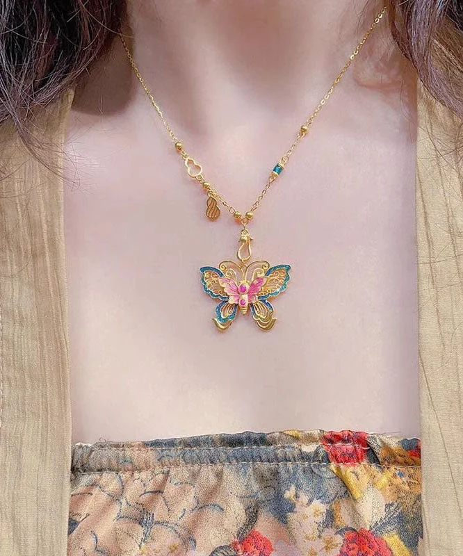 Chinese Style Sterling Silver Overgild Enameling Butterfly Pendant Necklace