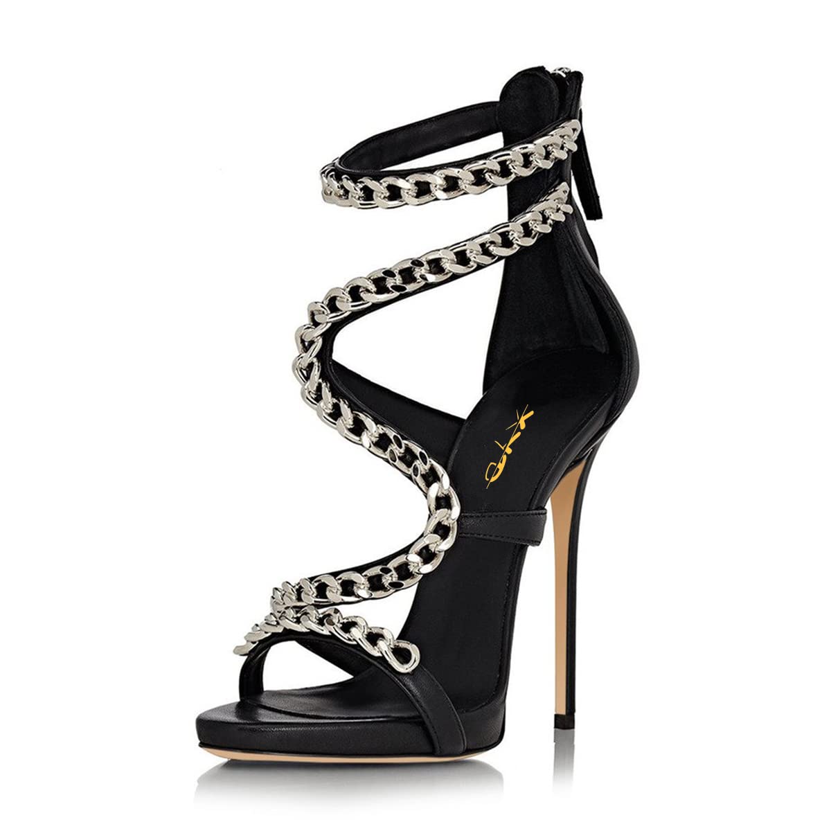 Black Open Toe Stiletto Heel Strappy Sandals with Chain Nicepairs