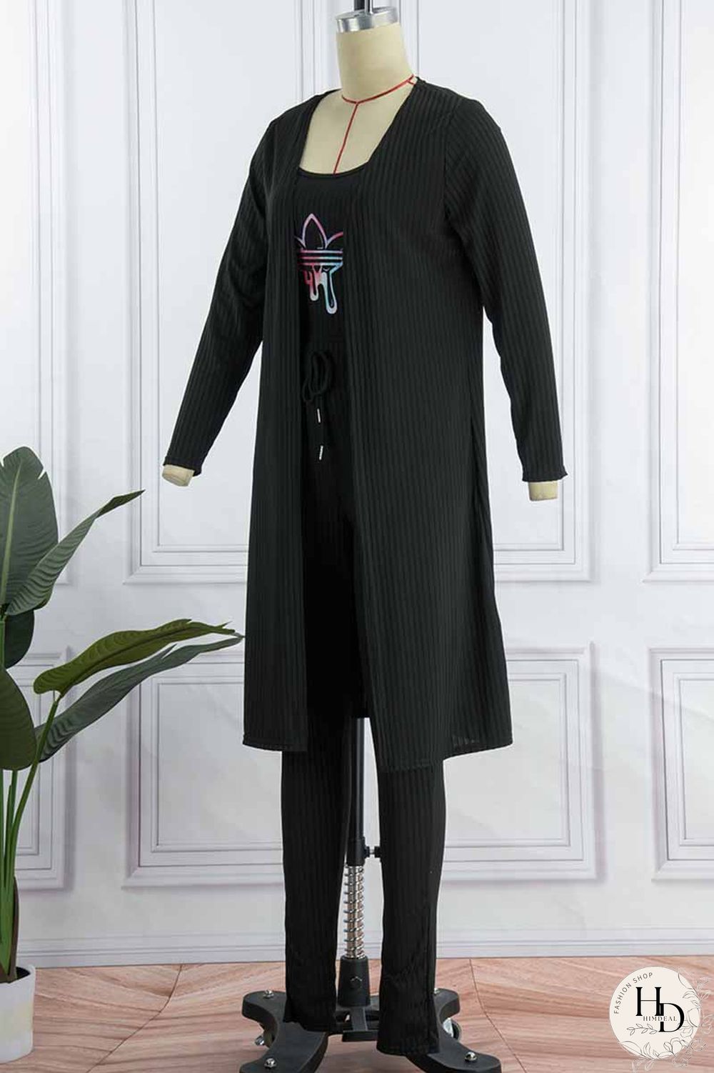 Black Casual Print Patchwork Long Sleeve Three Pieces