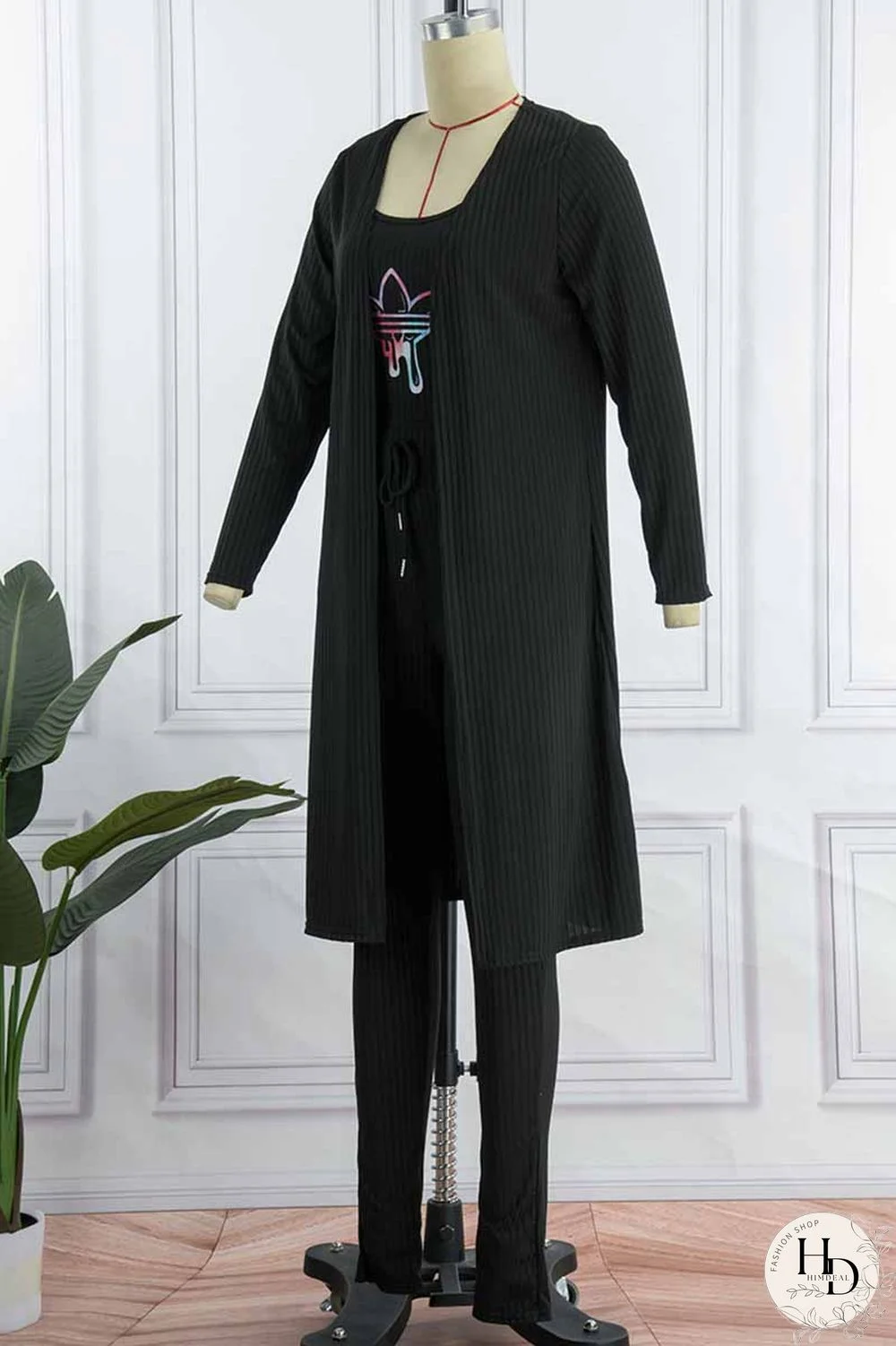 Black Casual Print Patchwork Long Sleeve Three Pieces