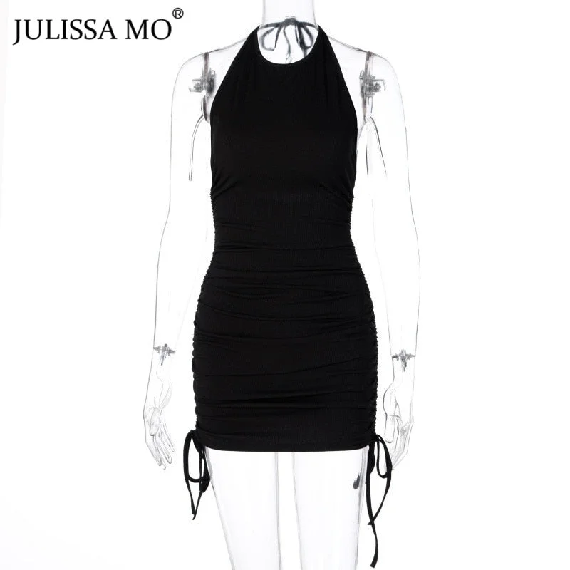 JULISSA MO Sexy Backless Ruched Dress Autumn Halter Bodycon Short Dresses Women Drawstring Club Partywear Vestidos Streetwear