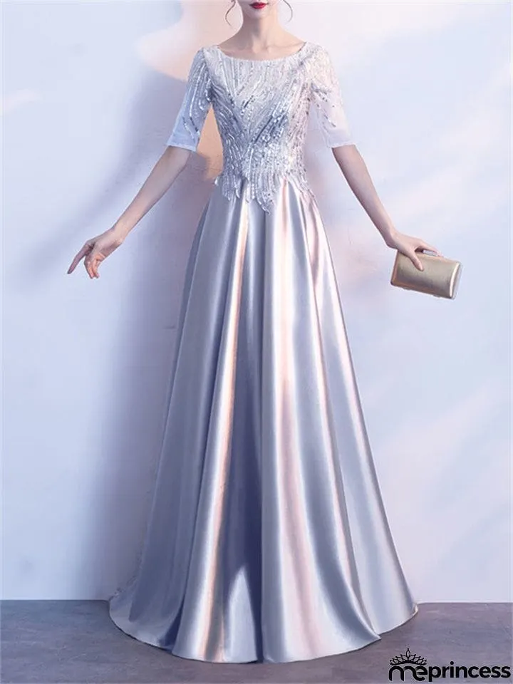 Shiny Round Neck Short Sleeve A-Lined Gown Dress for Evening